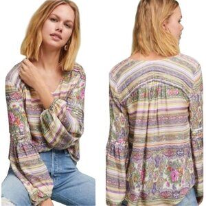 Anthropologie Maeve Caresco Peasant Top Cream Multi Bishop Sleeve Size XS